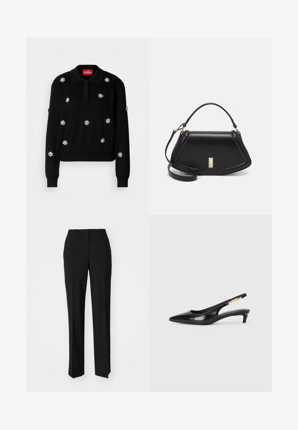 Black pullover sweater with a collared neckline, embellished with silver floral appliqués, featuring ribbed cuffs and hem.; Black tailored trousers with a straight-leg design, featuring a smooth texture and crisp creases along the front. No visible hardware.; Black leather slingback heels with a pointed toe, featuring a slim heel and a gold-tone accent on the adjustable strap. Smooth texture.; Black leather handbag with a structured design, featuring a cropped shape, top handle, and gold hardware accent. Adjustable shoulder strap included.