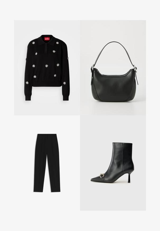 Zwarte pullovertrui met een kraagnek, versierd met zilveren bloemapplicaties, met ribgebreide cuffs en onderkant.; Zwarte broeken met een rechte pasvorm, voorzien van dubbele plooien, een zachte textuur en een klassiek taillebandontwerp. Geen zichtbare hardware of accenten.; Zwarte leren enkelboot met spitse neus, slanke middenhoge hak en zilveren gespdetail aan de zijkant op een effen achtergrond.; Zwarte leren handtas met een gebogen vorm, zilveren rits en een korte handgreep. Bevat een subtiel logo aan de voorkant en een gladde textuur.