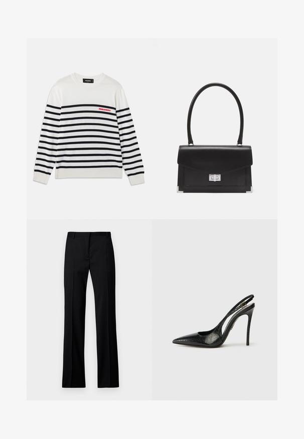 Maglione bianco a maniche lunghe con righe orizzontali nere, polsini e orlo a coste, e logo rosso "DSQUARED2" sul lato sinistro del petto.; Pantaloni neri a gamba dritta in tessuto liscio, con vita piatta, passanti per la cintura e senza tasche visibili o decorazioni.; Décolleté nera con punta affilata, motivo in rilievo a serpente, tacco a stiletto e una fibbia decorativa sulla cinghia.; Borsa a tracolla in pelle nera con un design strutturato, manico superiore e chiusura in argento. Presenta accenti agli angoli e una texture liscia.