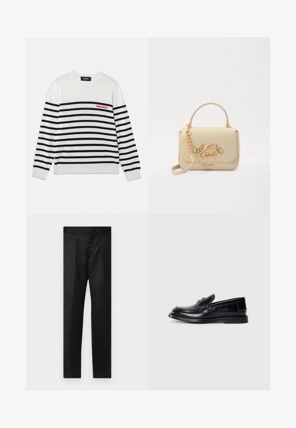 Witte lange mouwtrui met zwarte horizontale strepen, geribbelde manchetten en zoom, en een rood "DSQUARED2" logo op de linkerborst.; Zwarte broek van soepele stof, met een nauwsluitend ontwerp, rechte benen en een platte tailleband zonder zichtbare sluitingen of zakken.; Zwarte leren instapper met een gestikt ontwerp, een kleine voorklep en een platte rubberen zool. Glad textuur met goudkleurige hardware accent.; Beige neplederen handtas met een bovenhandvat en kettingband. Beschikt over een gouden "love" logo en metallic accenten. Gladde textuur en rechthoekige vorm.