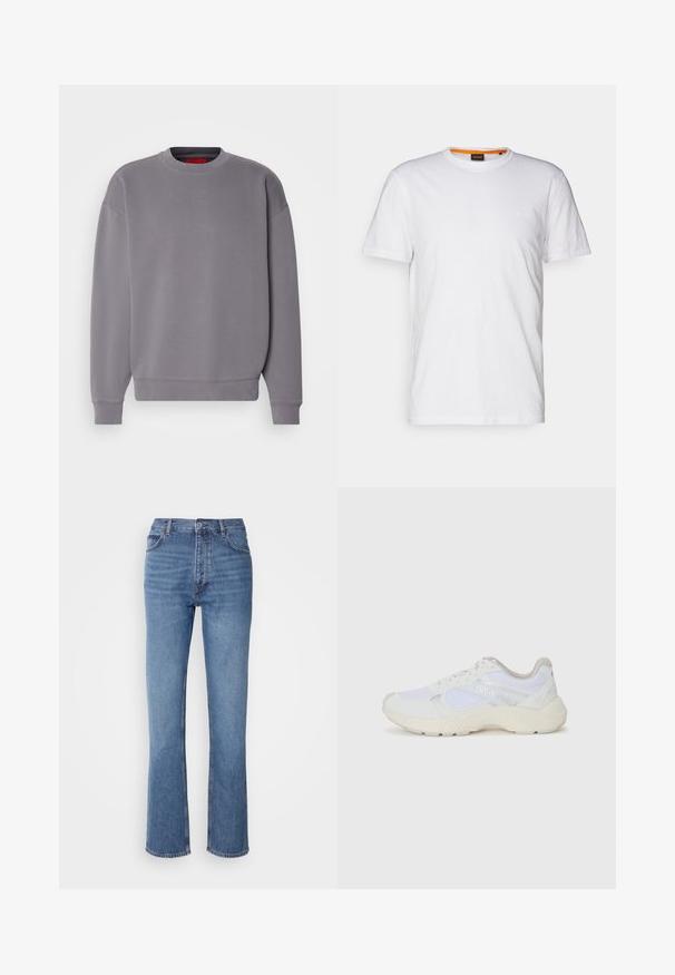 Maglione grigio con scollo a girocollo, polsini e orlo a costine; presenta un logo ricamato discreto sul petto. Tessuto morbido e con una texture particolare.; T-shirt bianco in cotone con collo rotondo, maniche corte e un logo a rilievo discreto sul petto. L'etichetta interna ha un accento arancione.; Jeans in denim blu con vita alta, design a gamba dritta e leggera sbiaditura. Presentano il classico stile a cinque tasche e chiusura con zip.; Scarpe da ginnastica bianche in mesh e suede, con una suola intermedia testurizzata, dettagli testurizzati e il logo "HUGO" sul lato.