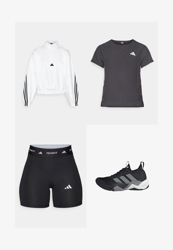 adidas Sportswear FUTURE ICONS THREE STRIPES QUARTER ZIP - Camisola - white; T-shirt atlético de mangas curtas, cinza escuro com textura perfurada. Apresenta um logo branco e riscas laterais contrastantes. Decote arredondado.; Calções pretos feitos de um tecido elástico com um design ajustado. Apresentam uma ampla faixa na cintura preta rotulada como "TECHFIT" e um logótipo branco na perna.; Shoe atlético preto com um cabedal de malha respirável, detalhes em cinza, sola texturizada e três riscas distintas de lado.