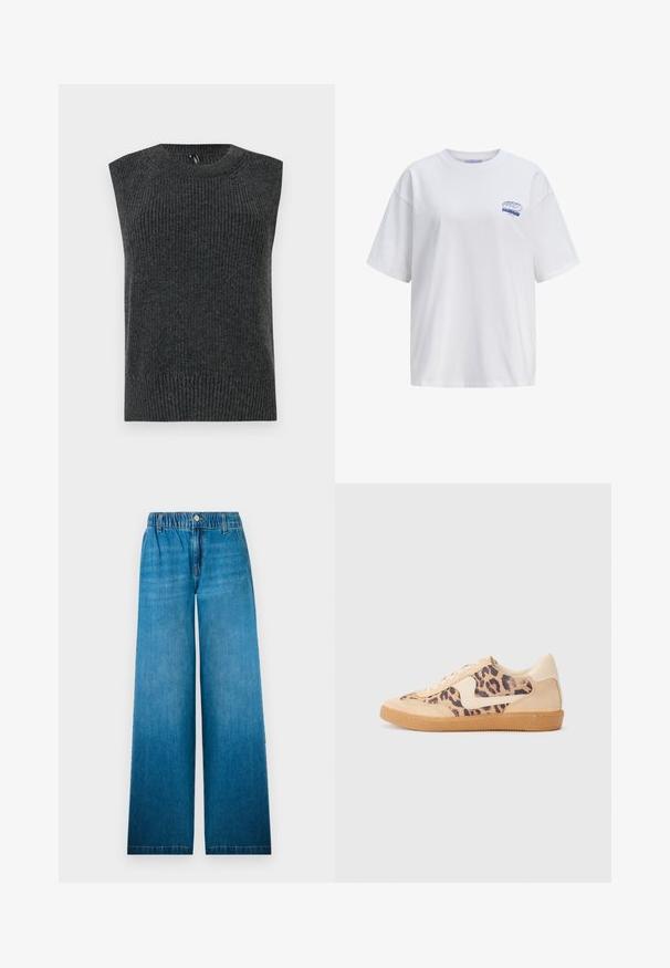 Sweater sem mangas de cor cinza escuro com textura canelada, decote arredondado e bainha inferior com faixa. Design simples, sem padrões ou detalhes adicionais.; Camiseta branca de algodão com um corte relaxado, apresentando mangas curtas. Pequeno logótipo azul "SOURDOUGH" no lado superior esquerdo.; Jeans de perna larga feitos de denim azul claro, com um cós elástico, fecho de botão e um corte reto com um efeito desbotado.; Sapatilhas com padrão de leopardo, parte superior em camurça bege, sola de borracha castanha e detalhes brancos. Bico redondo e design com atacadores, com um acabamento texturizado.