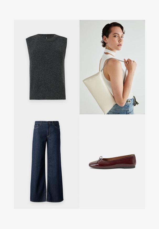 Dark gray sleeveless sweater with ribbed texture, rounded neckline, and banded bottom hem. Simple design without additional patterns or details.; Wide-leg jeans in dark blue denim. Features contrast stitching, five pockets, and a button closure at the waist. Smooth texture.; Burgundy patent leather ballet flat with a rounded toe, small bow accent at the front, and a low, black rubber sole. Smooth texture.; White rectangular clutch bag made of glossy material, featuring a silver chain strap. Model poses, showcasing the bag against a plain background.
