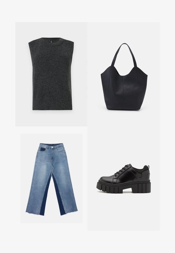 Pull sans manches gris foncé avec une texture côtelée, un col arrondi et un ourlet inférieur à bandes. Design simple sans motifs ni détails supplémentaires.; Jean large bleu clair avec des panneaux contrastants bleu foncé, ourlets effilochés et taille standard avec fermeture à bouton en métal.; Chaussures à plateforme en cuir noir avec un talon bloc épais, bout rond et un design traditionnel à lacets. Elles présentent une texture lisse et un détail minimal.; Sac fourre-tout noir en cuir lisse, doté d'un haut ouvert et courbé avec deux brides d'épaule et un design minimaliste.