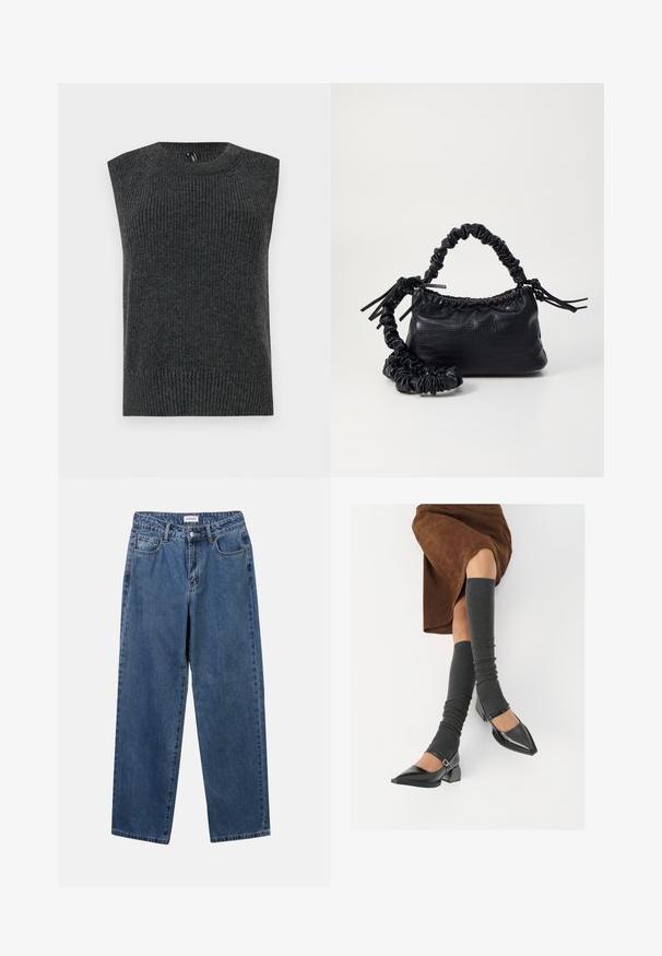 Tumehall hõlmadega kampsun, millel on soonikkoes pind, ümar kaelus ja riba äär. Lihtne disain, ilma lisamustrite või detailideta.; Klassikalised sinised denimists teksad otsejalaga disainiga, viie taskuga ja nööbisuletusega. Omab keskmist pesu ja tugevat tekstuuri.; Mustad patsaline odav värviga kingad, millel on kreen ja pahkluuring, on paaritatud hallide ribakudumitega sääremiidega ja pruunist nahast seelikuga.; Must must sünteetilisest nahast käekott, millel on krokodillimuster, kokku tõmmatav ülaosa ja kortsus rihm. Tundub pehme ja kompaktne disain.