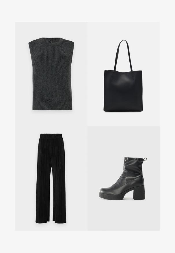Maglione senza maniche grigio scuro con texture a coste, scollatura arrotondata e orlo inferiore a banda. Design semplice senza ulteriori motivi o dettagli.; Pantaloni neri a plissé con vita elasticizzata. Presentano gamba ampia e un tessuto liscio e texture con strisce verticali.; Stivali neri alla caviglia in pelle liscia, con zip laterale, tacco spesso e texture, e punta arrotondata.; Borsa tote in pelle nera con texture liscia, forma rettangolare e due manici lunghi. Nessun hardware o decorazione visibile.