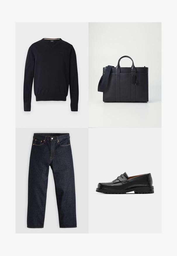 Čierny sveter s véčkovým výstrihom vyrobený z mäkkej pleteniny. Má dlhé rukávy, rebrované manžety a lem, s reliéfne vyrazeným logom na hrudi.; Tmavomodré džínsy s rovnými nohavicami, piatimi vreckami, kontrastným oranžovým prešívaním a gombíkovým zapínaním. Žiadne viditeľné vzory alebo ozdoby.; Čierne kožené mokasíny majú vystúpený šev, dve dekoratívne pásky na vrchu a hrubú textúrovanú podrážku pre lepšiu priľnavosť.; Tmavomodrá kožená aktovka s dvoma hornými uchami a odnímateľným popruhom. Disponuje textúrovaným povrchom, vertikálnym prešívaním a detailom loga.