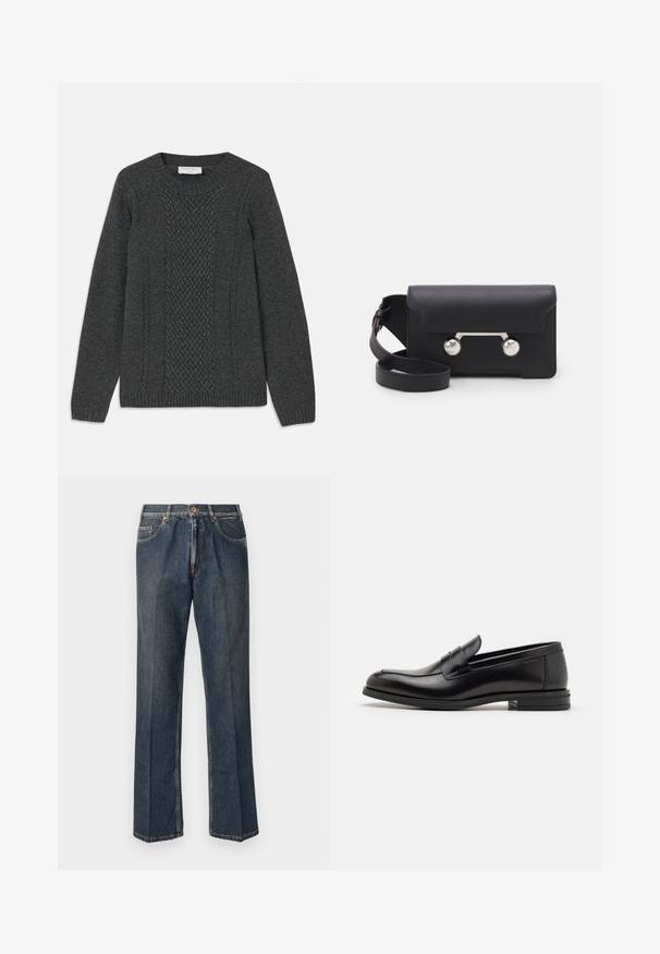 Gray knitted sweater featuring a textured diamond pattern on the front, ribbed cuffs, and a classic round neckline.; Dark blue straight-leg denim jeans with front button, zip fly, double front pockets, and visible vertical creases down the legs.; Black leather loafers with a smooth texture, rounded toe, and a decorative strap across the vamp. Low stacked heel, minimalist design.; Black leather crossbody bag with a flap closure, silver-tone hardware, and two round accents. Features a detachable strap. Smooth texture.