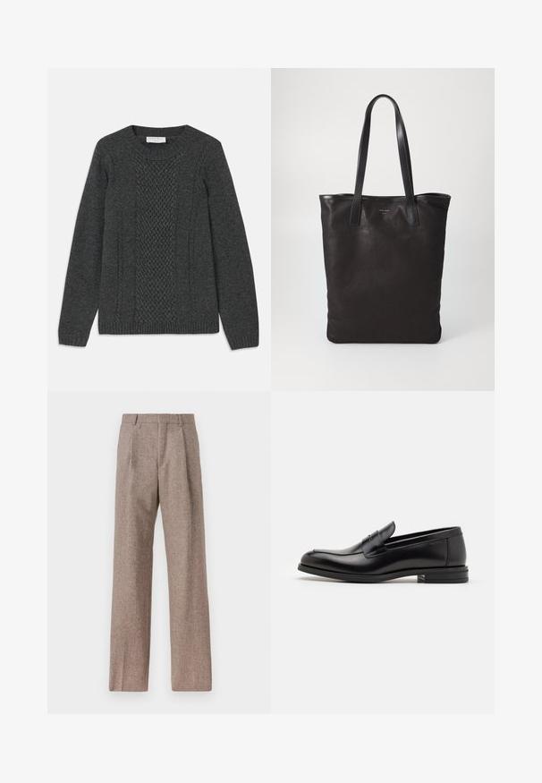 Pilkas mezgamas megztinis, turintis tekstūrinį deimanto raštą priekyje, raukšlėtus rankogalius ir klasikinį apvalų iškirpimą.; Rudos, aukšto liemens kelnes, pagamintas iš tekstūruotos medžiagos. Plati kojos, dvi priekinės klostės struktūrai. Tvarkingas apdailos darbai, be matomų detalių.; Juodos odinės loafers, turinčios lygų paviršių, apvalią noselę ir dekoratyvinę juostą per priekinę dalį. Žemas krentantis kulnas, minimalistinis dizainas.; Juodas drobės pirkinių maišelis su juodais odiniais rankenomis. Paprastas dizainas, erdvus kūnas ir lygus paviršius. Nėra matomų logotipų ar raštų.