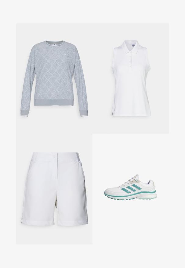Sweatshirt cinza claro com padrão de diamante, punhos e barra canelados, e decote redondo. Apresenta um pequeno logotipo no peito.; Pólo branco sem mangas feito de tecido suave, apresentando um colarinho, uma pala com cinco botões e fendas laterais discretas, com um pequeno detalhe de logótipo na barra.; Calções brancos feitos de um tecido leve, com uma textura suave, cintura elástica e bolsos laterais com um design simples.; Tênis atléticos brancos com detalhes em teal. Apresenta três riscas teal na lateral e uma sola branca acolchoada, adequada para desporto.
