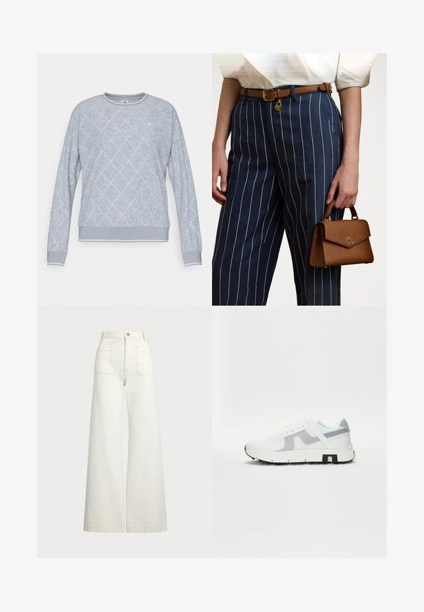 Light gray sweatshirt with diamond pattern, ribbed cuffs and hem, and a crew neckline. Features a small logo on the chest.; Wide-leg jeans in off-white denim. High-waisted design with a button closure, two front pockets, and contrast stitching details.; White athletic sneaker with grey accents, a textured upper, thick sole, and contrasting black heel detail. Lace-up design with mesh panels.; Brown textured handbag with gold hardware, held beside navy striped pants featuring white vertical lines. Simple, structured design.