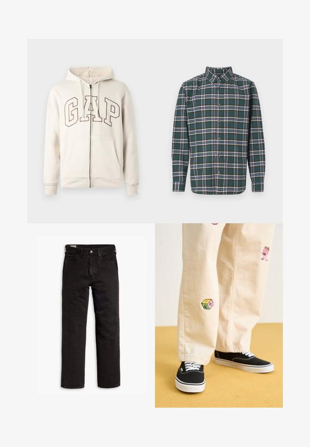 Beige mikina s kapucí na zip, s fleecovou podšívkou, šňůrkami, předními kapsami a velkými obrysovými písmeny "GAP" přes hruď.; Zelená flanelová košile s kostkovaným vzorem, která obsahuje modré, bílé a hořčičně žluté pruhy. Zapínání na knoflíky a špičatý límec. Dlouhé rukávy.; Černé džíny rovného střihu s pěti kapsami, zapínáním na knoflík a poutky na opasek, položené na bílém pozadí.; Béžové bavlněné kalhoty s hravými vyšívanými vzory, včetně růžové postavičky a barevného bloku, v kombinaci s černými šněrovacími teniskami.