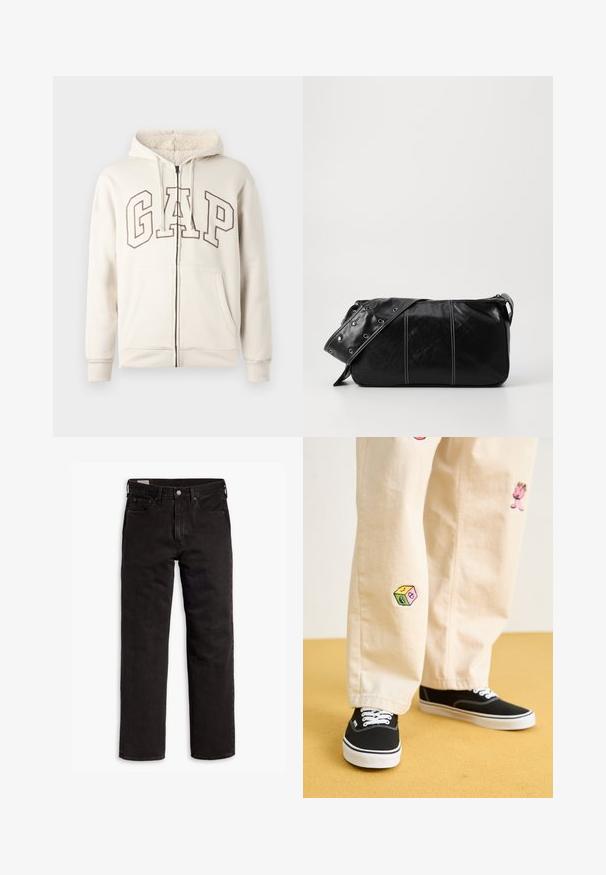 Beige zip-up hettegenser med fleece-fôr på hetten, snor, frontlommer og store konturerte "GAP" bokstaver over brystet.; Grønn flanellskjorte med rutete mønster som har blå, hvite og sennepsgule linjer. Knapper foran og spiss krage. Lange ermer.; Svarte rette dongeribukser med fem lommer, knappefeste og beltehemper, lagt flatt på en hvit bakgrunn.; Beige bomullsbukser med lekne broderte design, inkludert en rosa karakter og fargede blokker, kombinert med svarte snørebåndssko.; Svart lær skulderveske med glidelås, med teksturert overflate, hvite sømmer og en stropp med sølvringer.