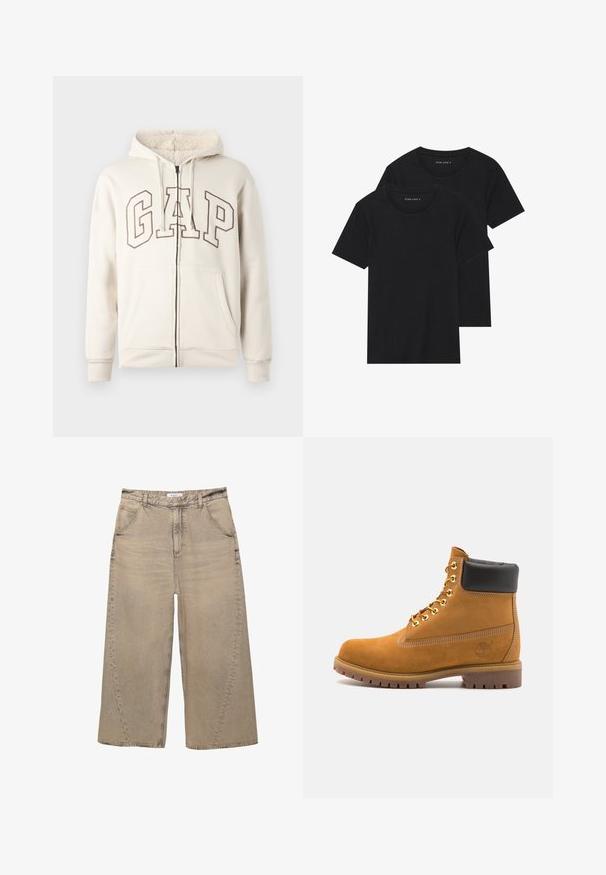 Beige zip-hoodie med fleeceforet hætte, snoretræk, frontlommer og store omridsede "GAP" bogstaver på brystet.; To sorte bomulds t-shirts med korte ærmer, rund halsudskæring og en glat tekstur, vist stablet sammen.; PULL&BEAR MEGA BAGGY - Baggy jeans - light grey; Tan nubuck ankelstøvle med sort polstret krave, gyldne metaløjer, hvid syning detaljer og robust gummisål med udtalte slidbaner.