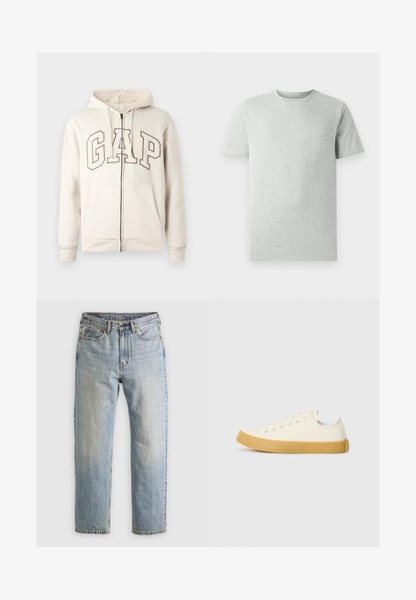 Bež dukserica s patentnim zatvaračem i kapuljačom obloženom s fleecem, s vezicama, prednjim džepovima i velikim obrubljenim slovima "GAP" preko prsa.; Jednobojna svijetlosiva majica kratkih rukava s okruglim izrezom prikazana na bijeloj pozadini, s prednje strane bez vidljivih logotipa ili dizajna.; Svijetloplave traperice visoki struk, prednji gumb, zatvarač i dizajn s pet džepova, položene ravno na neutralnoj pozadini.; Platnene tenisice u boji slonovače s okruglim vrhom, s bež gumenim potplatima i pet rupa za vezivanje, teksturalna površina na gornjem dijelu.