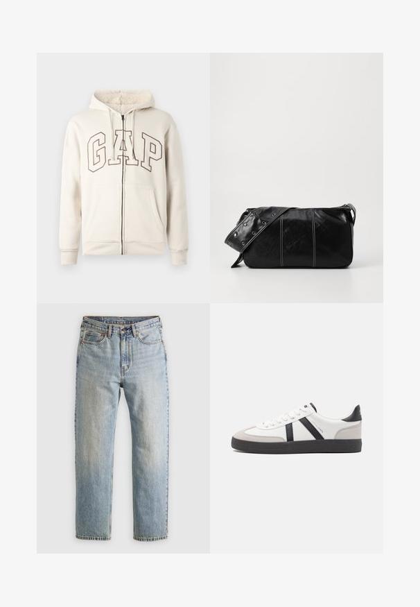 Beige vetoketjullinen huppari, jossa on fleece-vuorattu huppu, nyörit, etutaskut ja suuret viivatut "GAP"-kirjaimet rinnan kohdalla.; Vaaleansininen farkut, joissa on korkea vyötärö, etunappi, vetoketju ja viisi taskua, asetettu tasaisesti neutraalille taustalle.; Valkoiset lenkkarit mustilla ja harmailla yksityiskohdilla, joissa on teksturoitu harmaa kärki, musta kumipohja ja litteät valkoiset nauhat. Siisti muotoilu, minimalistinen tyyli.; Mustakulmainen nahkainen olkalaukku, jossa on vetoketjukiinnitys, teksturoitu pinta, valkoiset ompeleet ja hihna, jossa on hopeiset niitit.