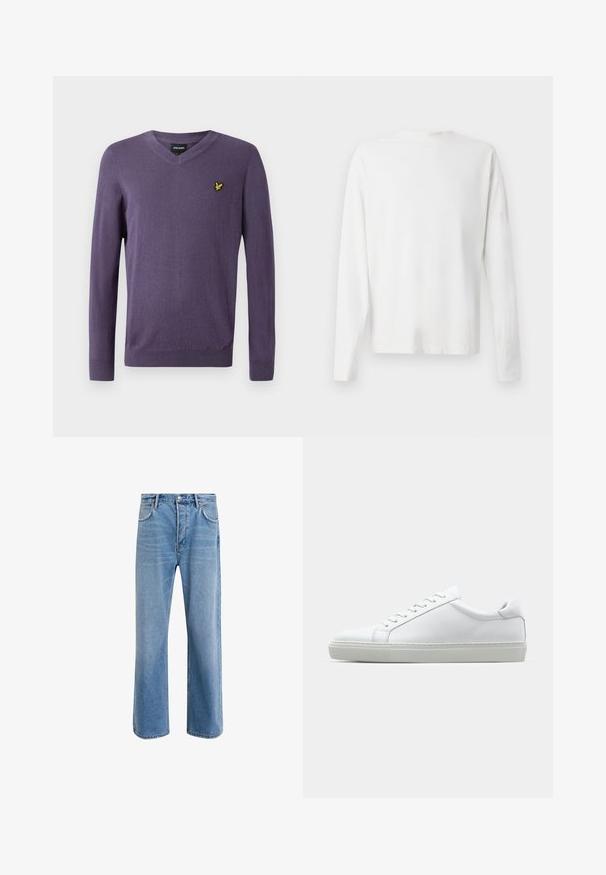Sweater roxo em V feito de tecido macio, com mangas longas e um pequeno logótipo dourado de um pássaro no lado esquerdo do peito.; Camisa de algodão branca de mangas longas com decote redondo, fendas laterais na parte inferior e uma textura suave, mostrada de trás.; Calças de ganga azul claro com um design de perna reta, cinco bolsos, fecho de botão, desgaste mínimo e detalhes de costura em contraste.; Sapatilha branca com um cabedal em couro liso e de perfil baixo. Apresenta um bico redondo, seis ilhoses e uma sola de borracha texturizada.