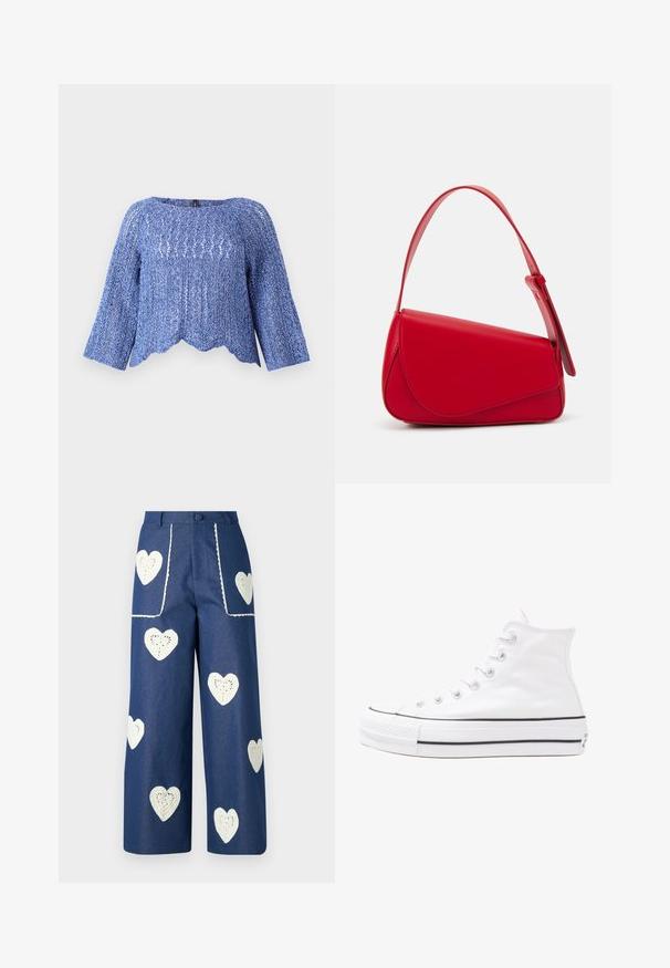 Blue knitted top with a loose fit, round neckline, long sleeves, scalloped hem, and a textured pattern. Lightweight and breathable material.; Sister Jane HEART TO HEART - Straight leg jeans - blue denim; White high-top canvas sneaker with black rubber sole, front rubber toe cap, and six eyelets for laces, featuring a clean, minimalist design.; Red leather handbag with an angular, geometric design. Features a single adjustable strap and a flap closure with stitched detailing.