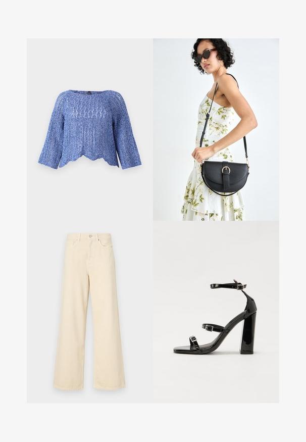 Kék, laza szabású kötött felső, kerek nyakkivágással, hosszú ujjal, fodros szegéllyel és texturált mintával. Könnyű és lélegző anyag.; Bézs, széles lábú farmernadrág, pamutból készült. Gombos záródással, övhurkokkal és elülső zsebekkel rendelkezik, sima, puha tapintással.; Fekete lakk magas sarkú szandál négyzet alakú orral, bokapántokkal és ezüst csatokat tartalmaz. Masszív blokk sarka a stabilitásért felel.; Fekete bőrtáska ívelt formával, levehető pánttal és arany színű fémrészekkel. A táskán egy csattal díszített fedél található.