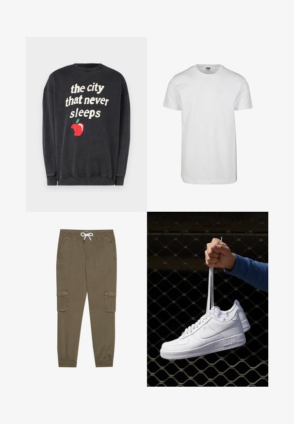 Čierna mikina s bielym textom, ktorý znie "mesto, ktoré nikdy nespí", a grafika červenej jablka s odhryznutím.; Biele bavlnené tričko s okrúhlym výstrihom, krátkymi rukávmi a voľným strihom. Štítok hovorí "URBAN CLASSICS." Hladká textúra, žiadne vzory ani akcenty.; Khaki cargo nohavice s elastickým pásom a šnúrkou, pričom majú bočné vrecká a zúžené členky. Vyrobené z textúrovaného, ľahkého materiálu.; Biele kožené tenisky s perforáciami, okrúhlou špičkou, plochou podrážkou a hrubými šnúrkami, pričom majú viditeľné logo swoosh a nápis "AIR" na päte.