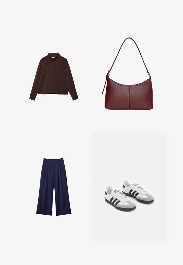 Sukahitam coklat dengan kerah tinggi, bagian depan setengah resleting, lengan lebar, dan hem cropped. Terbuat dari kain lembut dengan tekstur halus.; Tumma sininen leveälahkeinen housu, jossa on pleateja, napillinen vyötärö ja vyölenkit, esiteltynä litteänä valkoista taustaa vasten.; Urheilukengät, joissa on valkoinen nahkainen päällinen, harmaa mokkanokka ja kolme mustaa raitaa. Ominaisuuksina sininen logo kielekkeessä ja kuvioitu kumipohja.; Maroon-värinen nahkalaukku, jossa on kaareva muoto, yksi olkahihna ja keskellä ommeltu yksityiskohta. Sileä pinta, minimaalinen varustelu.