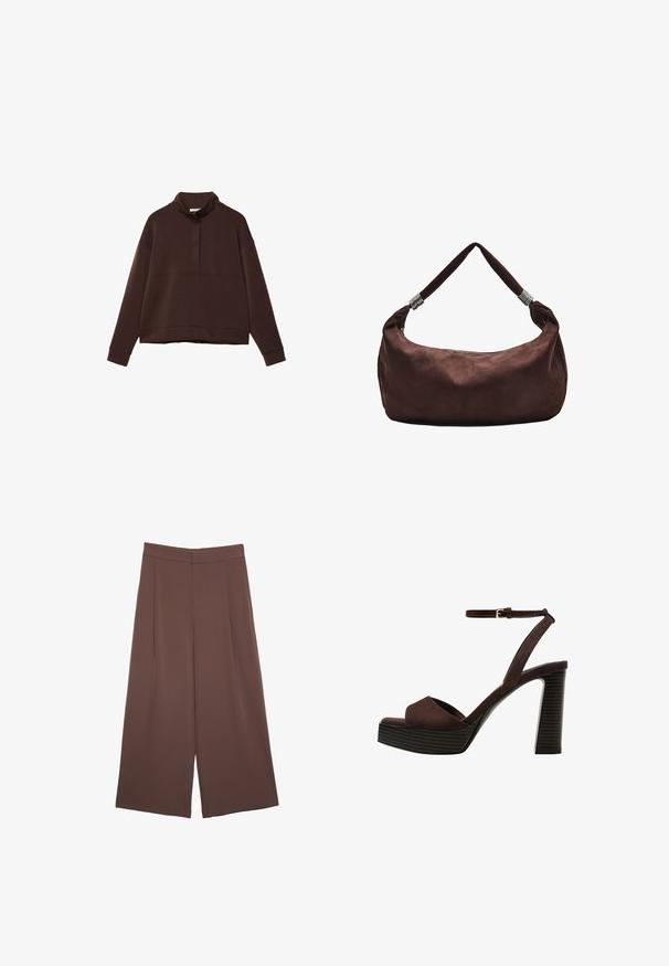 Rjav pulover s kapuco z visokim ovratnikom, pol zadrgo spredaj, širokimi rokavi in skrajšanim robom. Narejen iz mehke tkanine s gladko teksturo.; Rjave široke hlače z gladko teksturo, ki imajo visok pas in sprednje naborke. Tkanina je lahka in prosto pada.; Rjave semiš sandale z visoko peto, odprto spredaj, z nastavljivim gležnjenjem in črtastim podplatom.; Rjav semiš torba za ramo z zadrgo, s zvitim trakom okrašenim z kovinskimi detajli za varno nošenje.