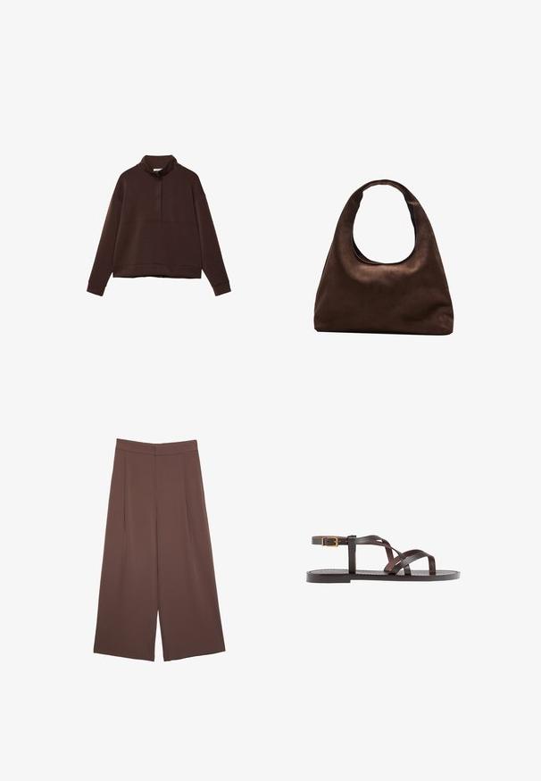 Smeđi pulover s visokim ovratnikom, polu-zip prednjim dijelom, širokim rukavima i skraćenim rubom. Izrađen od mekog materijala s glatkom teksturom.; Smeđe hlače širokog kroja s glatkom teksturom, koje imaju visok struk i nabore sprijeda. Tkanina je lagana i slobodno se kreće.; Smeđe kožne sandale s iskrižanim trakama, umetkom za zapešće s kopčanjem i ravnim potplatom s minimalnim detaljima šivanja.; Meka mekana smeđa torba hobo stila s jednim širokim remenom i zakrivljenim otvaranjem na vrhu, prikazana na bijeloj pozadini.