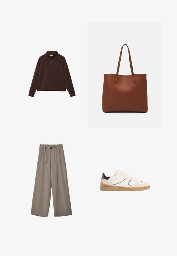 Brauner Pullover-Sweatshirt mit hohem Kragen, halbem Reißverschluss vorne, weiten Ärmeln und cropped Saum. Hergestellt aus weichem Stoff mit glatter Textur.; Weite Hose aus einem weichen, gedämpften grauen Stoff, mit einem taillierten Bund und Falten für zusätzliche Design-Details. Glatte Textur, keine Muster.; Stradivarius Sneaker low - white; Braune Leder-Tote mit glatter Textur, offenem Oberteil und zwei Schulterriemen. Verfügt über minimale Nähte und keine sichtbaren Beschläge.