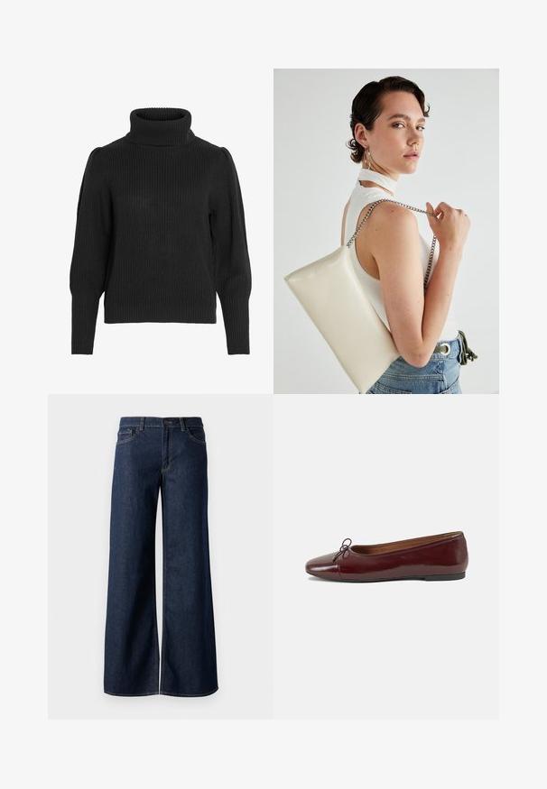 Fekete kötött pulóver magas, bordázott nyakkal. Eséses vállakkal és bordázott mandzsettákkal rendelkezik a hosszú ujjakon, texturált anyagból készült.; Sötét kék farmer széles lábú nadrág. Kontrasztos varrással, öt zsebhálóval és gombos derékzárással rendelkezik. Simás textúra.; Burgundi lakkbőr balettcipő kerek orral, elöl kis masni díszítéssel és alacsony, fekete gumi talppal. Simára csiszolt felület.; Fehér, téglalap alakú, fényes anyagból készült clutch táska, ezüst láncos pánttal. A modell pózol, bemutatva a táskát egy egyszínű háttér előtt.