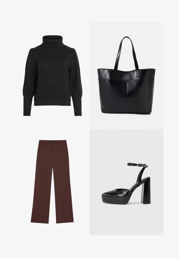 Czarny dzianinowy sweter z wysokim, żeberkowym dekoltem. Posiada opuszczone ramiona oraz żeberkowe mankiety na długich rękawach, materiał o fakturze.; Szerokie spodnie w bogatym brązowym materiale. Posiadają zapięcie na guzik, dwie przednie kieszenie, gładką teksturę i proste linie.; Czarne platformy na wysokim obcasie z szpiczastym noskiem i regulowanym paskiem na kostkę. Wykonane z gładkiej skóry, z grubym słupkowym obcasem.; Czarna skórzana torba na ramię z dwoma długimi uchwytami, gładką teksturą i sztywną formą. Posiada przednią kieszeń dla dodatkowego przechowywania.