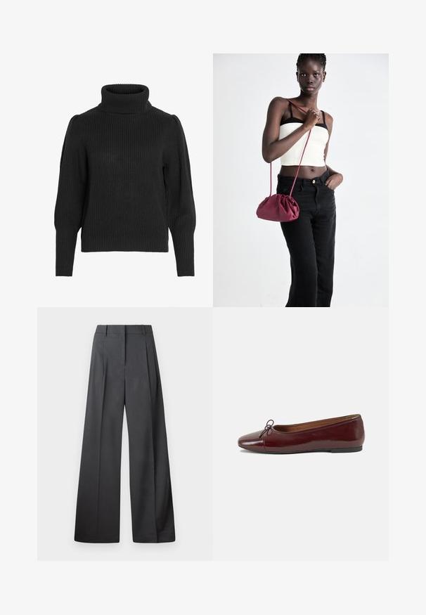 Fekete kötött pulóver magas, bordázott nyakkal. Eséses vállakkal és bordázott mandzsettákkal rendelkezik a hosszú ujjakon, texturált anyagból készült.; Széles szárú nadrág sötétszürke anyagból, magas derekú, egyes redőkkel, sima textúrával és tiszta befejezéssel a szegélyeken.; Burgundi lakkbőr balettcipő kerek orral, elöl kis masni díszítéssel és alacsony, fekete gumi talppal. Simára csiszolt felület.; Burgundy puha anyagú kézitáska, ráncolt dizájnnal és hosszú pánttal, keresztben hordva. A modellen fehér rövid top és fekete farmer van.