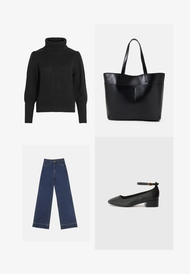 Mustapaita, jossa on korkea, ribattu kaula. Ominaisuuksina tippuneet hartiat ja ribatut hihansuut pitkissä hihoissa, teksturoitu kangas.; Vyötäröltä leveät farkut tummansinisestä denimmateriaalista. Varustettu viidellä taskulla, vyölenkeillä ja näkyvillä sauman yksityiskohdilla. Raaka helma alareunassa.; Mustat nahkakengät, joissa on terävä kärki ja matala lohkare korko. Varustettu nilkkahihnalla, jossa on kultasävyinen solki. Lisää sileä pinta.; Musta nahkainen kassi, jossa on kaksi pitkää kahvaa, sileä pinta ja jämäkkä muoto. Sisältää etutaskun lisävarastointia varten.