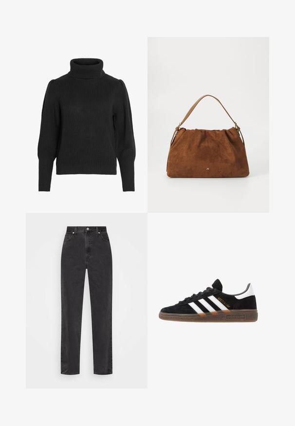 Musternööriga must kudum, millel on kõrgendatud, soonikuline kaelus. Omab langenud õlgu ja soonikuid mansette pikkadel varrukatel, tekstuuriga kangas.; Sirged mustad teksapüksid kõrge vöökohaga, esi-nupp ja tõmblukk, viie taskuga stiil valgel taustal.; Mustad must Adidas'i sneaker valgete triipudega, kuldse "Spezial" tekstiga, kummi tallaga ja valge kontsaga, kujutatud külgvaates.; Pruun nubukist käekott, millel on kokku tõmmatud disain, ühesaanvärvilise naha rihmaga ja esiküljel peen kuldne logo detail.