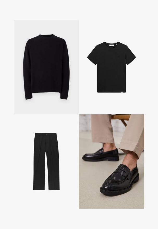 Fekete, kötött pulóver hosszú ujjal, kerek bordázott nyakkivágással és egyenes szabással. Sima textúra, látható minták vagy díszítések nélkül.; Fekete rövid ujjú pamut póló, kerek nyakkal és egy kis géppel hímzett logóval a mellrészen. Sima tapintás, szabványos illeszkedés.; Fekete nadrág egyenes szárú kialakítással, sima anyagból készült. Elöl redők és egy gombos záródás található a derékon.; Fekete bőr loaferek sima felülettel, díszítő pánttal és kontrasztos varrással, bézs nadrággal párosítva.