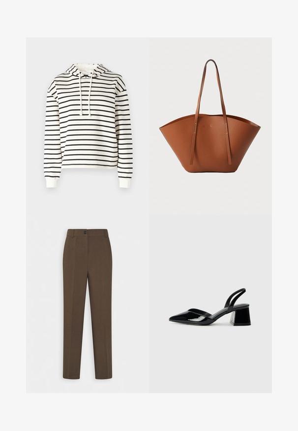 Csíkos kapucnis pulóver krém és fekete színben. Puha anyagból készült, húzózsinórral ellátott kapucnival, hosszú ujjakkal és laza fazonnal.; Egyenes szárú barna nadrág övhurkokkal és egyetlen elülső gombos záródással, fehér háttér előtt bemutatva.; Fekete lakk bőr szandálkés magas sarkú cipő, hegyes orral és geometrikus tömbsarkakkal. Karcsú, minimalista dizájn és sima textúra jellemzi.; Barna bőr táska széles, struktúrált formával, vékony fogantyúkkal és texturált felülettel. Minimalista dizájnnal rendelkezik, látható fémrészek nélkül.