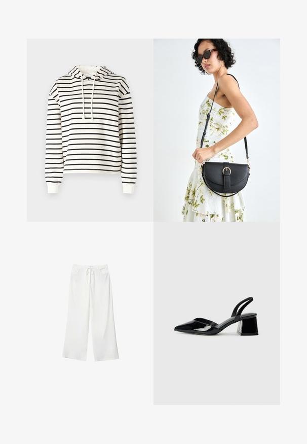 Randig hoodie i krämfärgad och svart. Tillverkad av mjukt tyg, har dragsko i huvan, långa ärmar och en avslappnad passform.; Vita vida byxor i mjukt tyg med dragsko i midjan och två framfickor. Slät textur och inga synliga mönster.; Svarta lackläder slingback klackar med spetsig tå och geometrisk klack. Har en elegant, minimalistisk design och slät yta.; Svart läderhandväska med en böjd form, avtagbar rem och guldiga detaljer. Väskan har ett lock med en spänndetalj.