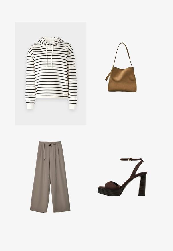 Prúhovaná mikina v krémovej a čiernej farbe. Vyrobená z mäkkej tkaniny, obsahuje kapucňu na šnúrku, dlhé rukávy a má voľný strih.; Široké nohavice v jemnej, tlmenej šedej tkanine, s opaskom v pase a vreckami pre dodatočný dizajnový detail. Hladký povrch, bez vzorov.; Hnedé semišové sandále na vysokom podpätku s otvorenou špičkou, nastaviteľným členkovým remienkom a pruhovanou platformovou podrážkou.; Hnedá semišová kabelka s hladkým povrchom, zakrivenou hornou časťou a dlhým, plochým ramenným popruhom. Obsahuje zips na jednej strane.