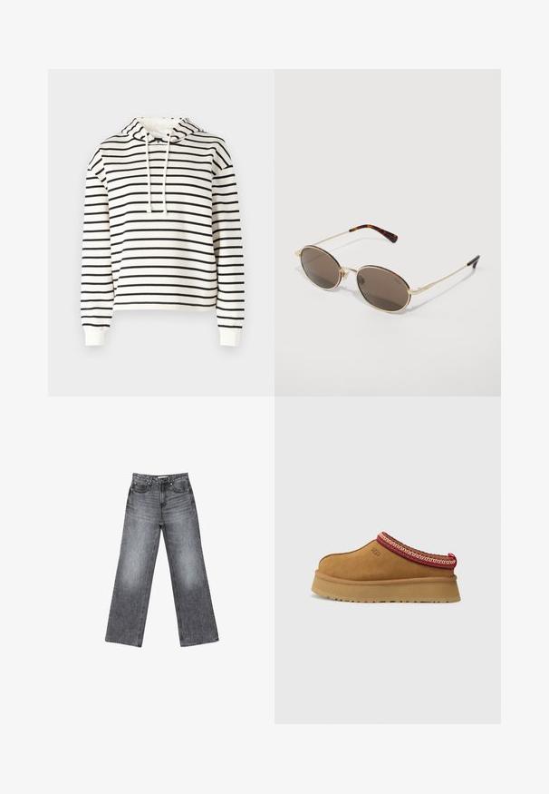 Črtasta kapuca v kremni in črni barvi. Narejena iz mehkega materiala, ima vrvico za nastavljanje kapuce, dolge rokave in sproščen kroj.; Široke temno sive jeans hlače iz denima s izrabljenim videzom, petimi žepi, gumbom za zapiranje in diskretnimi šivi ob šivih.; Rjavi suede natikači z rdečo in smetano obrobo z vzorcem, teksturiranimi podplati in logotipom UGG na strani. Imajo rahlo povišano platformo.; Sončna očala z ovalnimi rjavimi lečami, z zlatim kovinskim okvirjem in večbarvnimi cvetličnimi poudarki na obrvah in ročajih, z odtenkom želvovine na konicah.