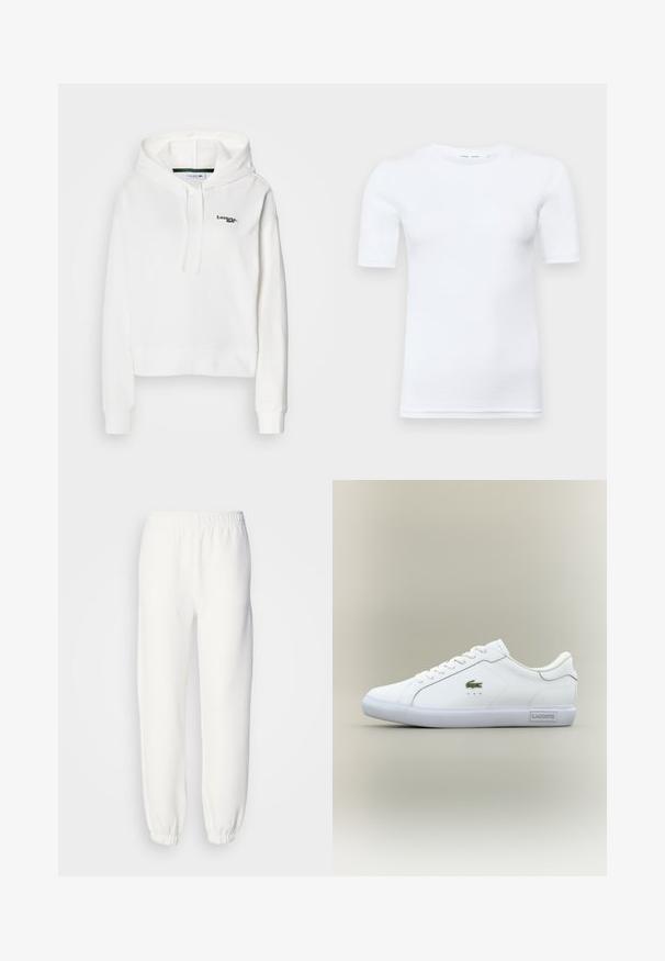 Fehér kapucnis pulóver puha anyagból, kenguruzsebbel, zsinórral állítható kapucnival és zöld hímzett logóval a mellkason. Rámpás mandzsettákkal rendelkezik.; Fehér, rövid ujjú pamut póló. Kör alakú nyakkivágással és sima textúrával rendelkezik, a szegélyen minimális varrás látható.; Fehér melegítőnadrág puha, kötött anyagból. Rugalmas derékpánt és szegélyek lazán illeszkednek. Minimalista dizájn, látható minták vagy díszítések nélkül.; Fehér, alacsony szárú sneaker fehér fűzőkkel, zöld krokodil logóval az oldalon és "Lacoste" felirattal a talpon, semleges háttér előtt.