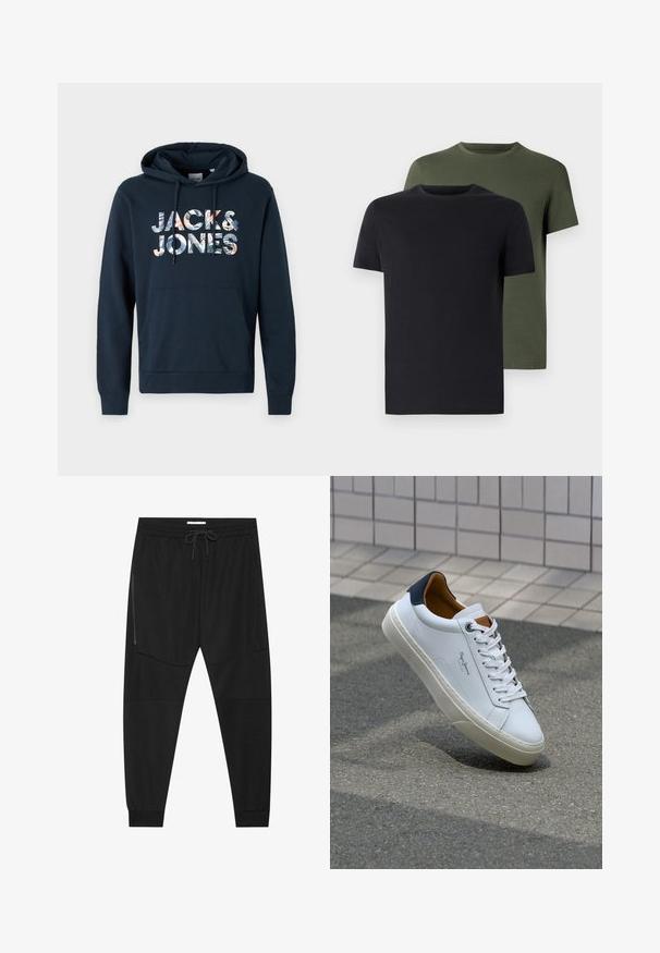 Navy blauwe hoodie met een kangoeroezak, een capuchon met trekkoord en een grafische print van "JACK & JONES" met bloemenpatronen in verschillende kleuren.; Twee crew-neck t-shirts in zwart en olijfgroen, gemaakt van zachte katoen. Het ontwerp is eenvoudig met korte mouwen en een rechte snit.; Zwarte sportbroeken van textuurstof, met een verstelbare tailleband, een ritssluiting opzij en tapered boorden.; Witte leren sneaker met een marineblauwe hiel, ronde neus en contrasterende bruin accent. Beschikt over platte veters en een gestructureerde rubberen zool.