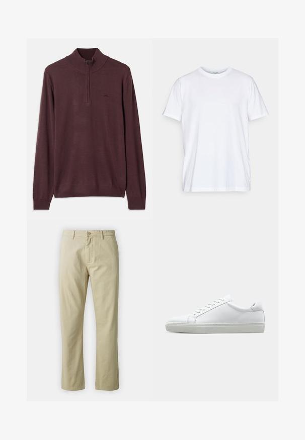 Pitkähihaine ruskea neulepaita, jossa on puolivetoketju ja ribbaus hihansuissa sekä helmassa, esillä valkoisella taustalla.; Valkoinen puuvillainen t-paita, jossa on lyhyet hihat, pyöreä pääntie ja rento leikkaus. Ominaisuudet minimalistinen muotoilu, ei kuvioita tai korostuksia.; Beige puuvillahousut suoran lahkeen muotoilulla, etupainike sulkeminen ja vyölenkit. Sileä pinta, ei näkyviä kuvioita tai yksityiskohtia.; Valkoinen tennari, jossa on sileä nahkapäällinen ja matala profiili. Ominaisuuksiin kuuluu pyöreä kärki, kuusi rei'itystä ja teksturoitu kumipohja.