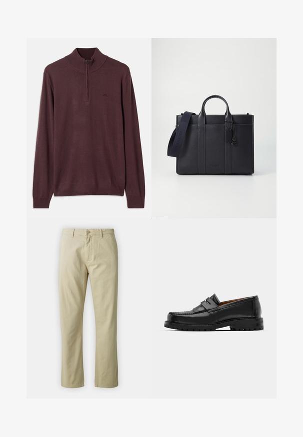 Pitkähihaine ruskea neulepaita, jossa on puolivetoketju ja ribbaus hihansuissa sekä helmassa, esillä valkoisella taustalla.; Beige puuvillahousut suoran lahkeen muotoilulla, etupainike sulkeminen ja vyölenkit. Sileä pinta, ei näkyviä kuvioita tai yksityiskohtia.; Mustat nahka loafit sisältävät kohoavan sauman, kaksi koristeellista nauhaa yläosassa ja paksun teksturoidun pohjan parempaa pitoa varten.; Tummansininen nahkainen salkku, jossa on kaksinkertaiset yläkahvat ja irrotettava hihna. Varustettu tekstuuripinnalla, pystysuoralla ompeleella ja logotiedoilla.