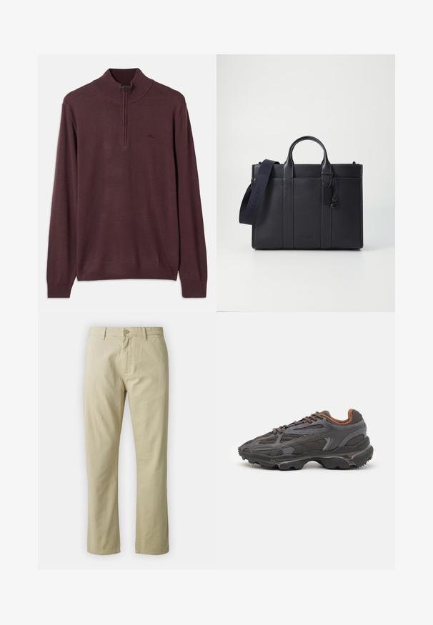 Duguljati smeđi pleteni pulover s polu-zip ovratnikom i rebrastim manžetama i rubom, prikazan na bijeloj pozadini.; Bež pamučne hlače s ravnim nogavicama, prednjim zatvaranjem na dugme i petljama za remen. Glatka tekstura, bez vidljivih uzoraka ili naglaska.; Lacoste tenisice u tamno sivoj boji s mrežastim i sintetičkim materijalom, s teksturiranom potplatom i smešnim akcentima na ovratniku i brandiranju.; Tamno plavi kožni aktovka s dvije gornje ručke i odvojivim remenom. Ima teksturiranu površinu, vertikalno šivenje i detalj s logotipom.
