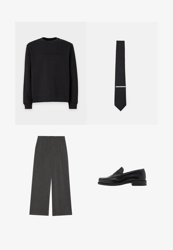 Crna trenirka napravljena od mekog materijala, sa okruglim izrezom, dugim rukavima i utisnutim logotipom "MICHAEL KORS" na prsima.; Bijela košulja s dugim rukavima, izrađena od glatkog pamučnog materijala, sa klasičnom kragnom i suptilnim sjajem. Pet gumba sprijeda.; Hlače širokog kroja od tamnosive tkanine, s plisiranim prednjim dijelom, dva bočna džepa i ravnim pojasom. Glatka tekstura i krojen dizajn.; Crne kožne mokasine s glatkom površinom, šivenim detaljima na prstu i dizajnom niskog potplata za udobnost i stil.; Crni leptir od glatkog materijala, sa uskom širinom i srebrnom kopčom koja naglašava njegov dizajn.