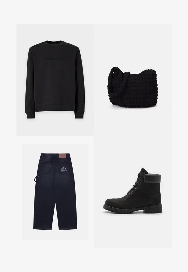 Czarny sweter z miękkiej tkaniny, z okrągłym dekoltem, długimi rękawami i tłoczonym logo "MICHAEL KORS" na piersi.; Ciemnogranatowe spodnie dżinsowe o luźnym kroju. Posiadają dwie tylne kieszenie, skórzaną naszywkę z logo oraz wzór w pięć gwiazdek na jednej z kieszeni.; Czarne botki na kostkę z wiązaniem, z wyściełanym kołnierzem i solidną podeszwą, pokazane w profilu na białym tle.; Czarna torba z materiału o fakturowanym, pikowanym wzorze. Owalny kształt, krótkie, grube rączki oraz miękka, elastyczna struktura.