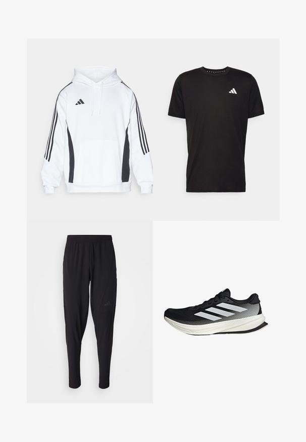 White hoodie with black side panels, front pocket, and adjustable drawstring hood. Features three black stripes along each sleeve.; Black cotton t-shirt with short sleeves, crew neckline, and a white logo on the left chest. Smooth texture and simple design.; Black athletic pants with an elastic waistband, tapered design, side pockets, and subtle logo detail. Made from flexible, breathable fabric.; Black athletic shoe with a mesh design, featuring white stripes, a rounded toe, and a textured sole for grip and support.