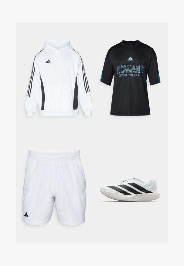 Haut à capuche blanc avec panneaux latéraux noirs, poche avant et capuche ajustable avec cordon. Présente trois bandes noires le long de chaque manche.; T-shirt de sport Adidas noir avec texture en mesh, manches courtes, col rond, et logo et texte bleu sur le devant et les manches.; Shorts de sport blancs avec une taille élastique, featuring un tissu texturé et un logo Adidas noir sur le bas à gauche.; Baskets de course légères en bleu pâle avec des rayures noires. Elles présentent un dessus lisse, un embout rond et une semelle intermédiaire blanche épaisse étiquetée "LIGHTSTRIKE PRO".