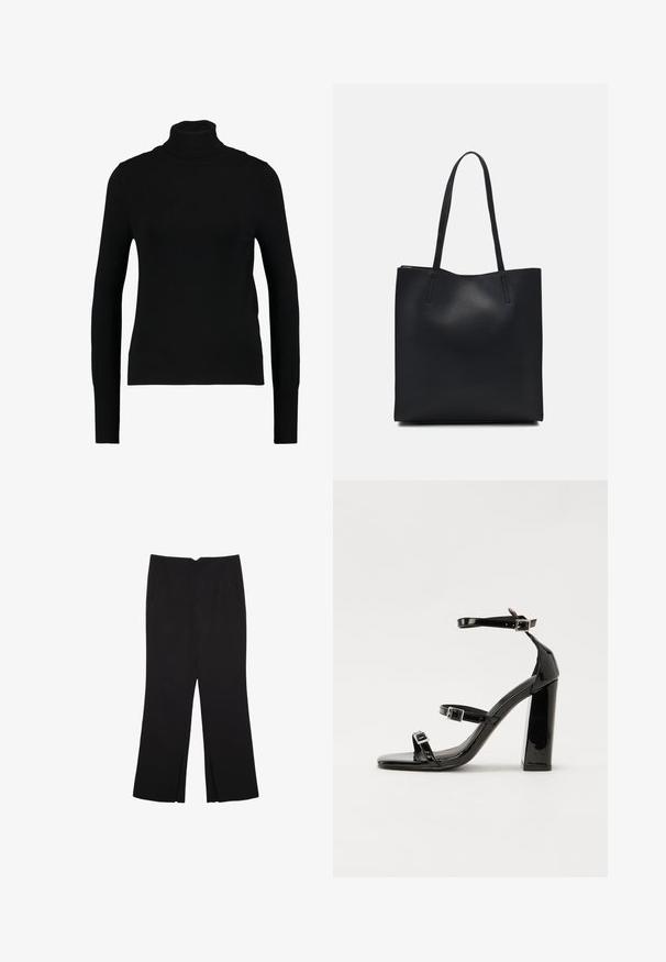 Maglione turtleneck nero a maniche lunghe realizzato in tessuto di maglia leggera e a coste; presenta una forma aderente e un colletto alto, senza ulteriori decorazioni.; Pantaloni neri a gamba dritta, con tasche frontali e spacchi laterali all'orlo. Realizzati in tessuto morbido e liscio. Adatti a diverse occasioni.; Sandali con tacco in vernice nera, con punta squadrata, cinturini alla caviglia e fibbie in argento. Presentano un tacco a blocco spesso per maggiore stabilità.; Borsa tote in pelle nera con texture liscia, forma rettangolare e due manici lunghi. Nessun hardware o decorazione visibile.