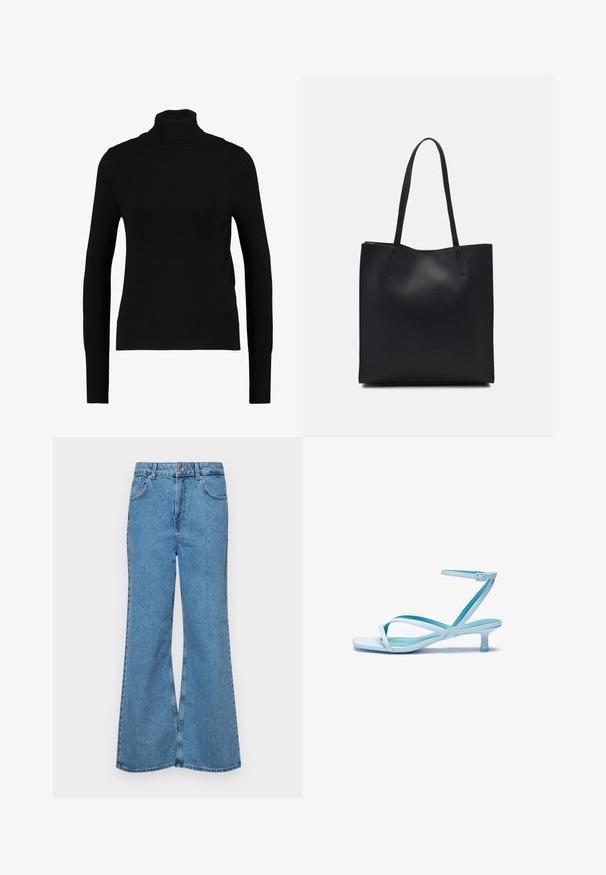 Turtleneck preto de manga longa, feito de um tecido de malha leve e canelada; possui um formato ajustado e uma gola alta, sem quaisquer enfeites adicionais.; Jeans de brim azuis claros, com corte à boca de sino, apresentando uma cintura alta, cinco bolsos e um fecho de botão único. Textura macia com acabamento desbotado.; Sandal de tira azul claro com ponta quadrada, salto baixo, tira ajustável no tornozelo e acabamento liso e brilhante. Tiras cruzadas na palmilha.; Bolsa tote preta em couro com textura lisa, forma retangular e duas alças longas. Sem hardware ou enfeites visíveis.